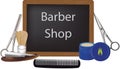 Black chalkboard with writing and men`s barber accessories