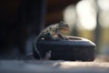 black chameleon on a tire in shade turning dark