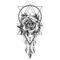 Black chaplet, Rose flower With the eye, pattern of geometric shapes on white background. Tattoo design, mystic symbol