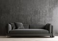 Black charcoal mock-up wall with black velvet sofa and pillows, modern interior, negative copy space above