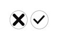 Black check mark and cross web icon marker symbols of a tick and X, to show yes or no, correct or incorrect, true or false, right