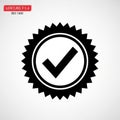 Black checkmark inside a circle on a jagged starburst badge with text VULTUREF-1.4ISO 1600 Royalty Free Stock Photo