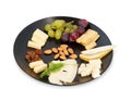 Black cheese plate with red and green grapes