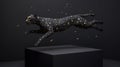 Black cheetah leaps, gold sparks, dark studio, luxury ad Royalty Free Stock Photo