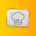 Black Chef hat icon isolated on yellow background. Cooking symbol. Cooks hat. Silver rectangle button. Vector Royalty Free Stock Photo