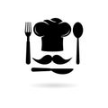 Black Chef hat silhouette with fork, knife, spoon icon or logo Royalty Free Stock Photo