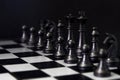 Black chess figures on board. Black chess set in order for game start. Royalty Free Stock Photo