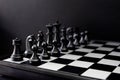 Black chess figures on board. Black chess set in order for game start. Royalty Free Stock Photo