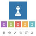 Black chess king flat white icons in square backgrounds