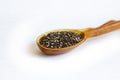 Black Chia seeds in a wooden spoon close-up. Macrophotography of Chia. Health food. Good nutrition. Nutritional Supplement. Top Royalty Free Stock Photo