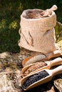 Black chickpeas seeds, quinoa and flax seeds in a wooden spoon. In the background jute bag with seeds. Royalty Free Stock Photo