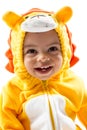 Black child boy,dressed in lion carnival suit, isolated on white background. Baby zodiac - sign Leo. Royalty Free Stock Photo