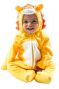 Black child boy, dressed in lion carnival suit, isolated on white background. Baby zodiac - sign Leo. Royalty Free Stock Photo