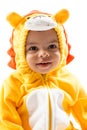 Black child boy, dressed in lion carnival suit, isolated on white background. Baby zodiac - sign Leo Royalty Free Stock Photo