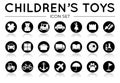 Black Children`s Toys Icon Set with Reflection with Puzzle, Plush, Train and Car, Board Game, Dolls, Arts and Crafts, Buiding Set Royalty Free Stock Photo