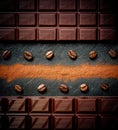 Black chocolate bar, coffee beans, cocoa powder on black Royalty Free Stock Photo