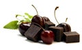 Black chocolate lump and dark large cherry isolated on white