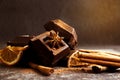 Black chocolate pieces, cinnamon sweet  sticks on a dark background Royalty Free Stock Photo