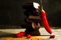 Black chocolate, red pepper gourmet temptationÃÂ¼ spiciness on a dark background