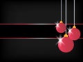 Black Christmas background. Three Hanging Red ribbon ball decoration with blank space for your text. Royalty Free Stock Photo