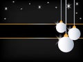 Black Christmas background. Three Hanging White christmas ball decoration with start at the top Royalty Free Stock Photo