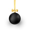 Black Christmas ball with golden silk ribbon. Element of holiday decoration. Vector illustration isolated on white Royalty Free Stock Photo