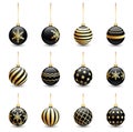Black christmas balls of golden ornament set isolated on white. Stocking Christmas decorations. Premium luxury holiday bauble.