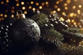 Black Christmas decoration ball with fir tree branch against black background with golden bokeh Royalty Free Stock Photo