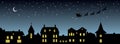 Black christmas panorama. Night city silhouette. Celebration scene. Isolated village landscape. Holidays graphic