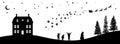 Black christmas panorama. Silhouettes of kids looking at Santas sleigh. Celebration scene. Isolated village landscape.