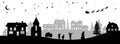 Black christmas panorama. Silhouettes of kids looking at Santas sleigh. Celebration scene. Isolated village landscape.