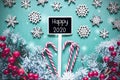 Black Christmas Sign,Lights, Frosty Look, Text Happy 2020 Royalty Free Stock Photo