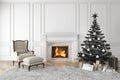 Black christmas tree in classic interior with fireplace, lounge armchair, carpet, gifts.