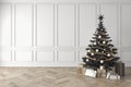 Black christmas tree in classic room, blank white wall, gifts. Royalty Free Stock Photo