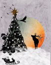 A black christmas tree, deer, christmas gifts and a sleigh in the white snow with a colourful moon in the background