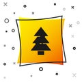 Black Christmas tree icon isolated on white background. Merry Christmas and Happy New Year. Yellow square button. Vector Royalty Free Stock Photo