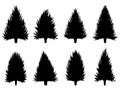 Black Christmas trees set isolated on white background. Christmas trees silhouettes. Design of fir trees for posters, banners Royalty Free Stock Photo