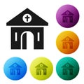 Black Church building icon isolated on white background. Christian Church. Religion of church. Set icons in color circle Royalty Free Stock Photo