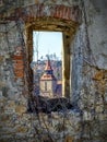 Black church from an old wall window in Brasov. Like a painting view of Black church