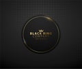 Black circle with golden thin ring frame luxury banner. Golden text on black round label frame. Dark dots pattern background.