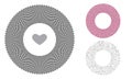 Black circle with repeated element in center. Pink and grey colors and sizes randomly. Hearts vector background