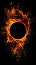Black circle surrounded by an orange fiery explosion against a black background Royalty Free Stock Photo