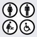 Black Circle Toilet Sign with Black Circle Border, Man Sign, Women Sign, Baby Changing Sign, Handicap Sign Royalty Free Stock Photo