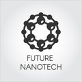 Black circular logo symbolizing nanotech chemical compound. Abstract icon in flat design of future technology theme