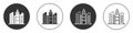 Black City landscape icon isolated on white background. Metropolis architecture panoramic landscape. Circle button