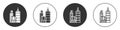 Black City landscape icon isolated on white background. Metropolis architecture panoramic landscape. Circle button