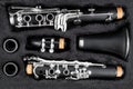 Black clarinet silver wooden woodwind musical brass instrument in pieces parts music case. classic orchestra symphony background