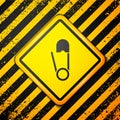 Black Classic closed steel safety pin icon isolated on yellow background. Warning sign. Vector Illustration Royalty Free Stock Photo