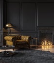 Black classic interior with armchair, moldings, fireplace, candle, floor lamp, carpet and table. Royalty Free Stock Photo