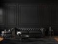 Black classic interior with sofa, table, carpet, decor and moldings wall panel.